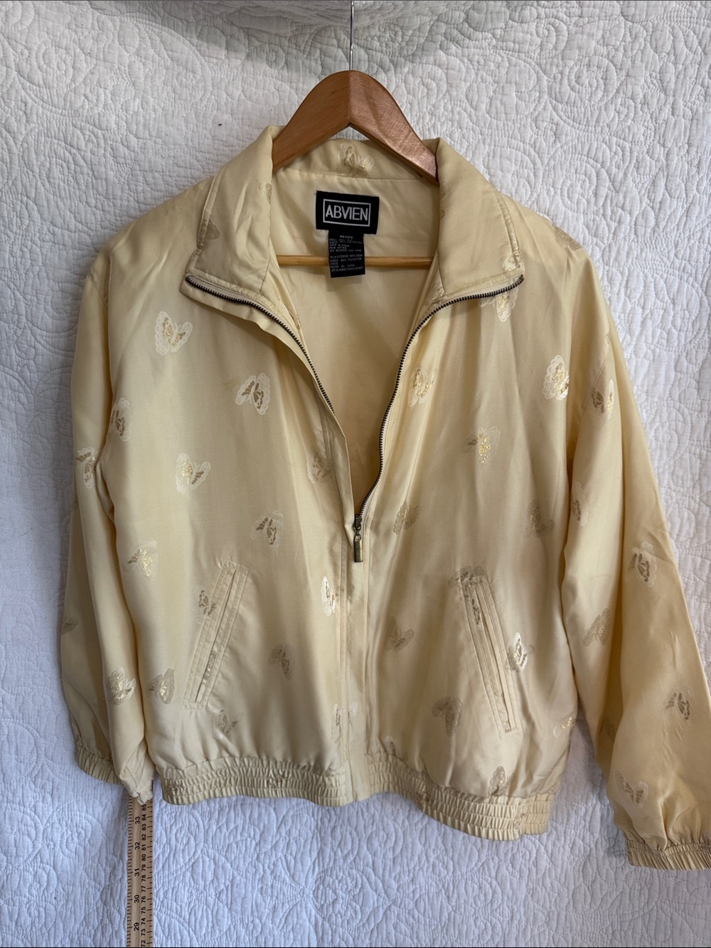 Vtg Abvien 100% Silk Bomber Jacket Cream Gold Butterfly Jacquard Size Small